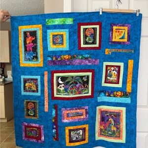 Handmade Laurel Burch Colorful Patchwork Quilt with Animal Designs